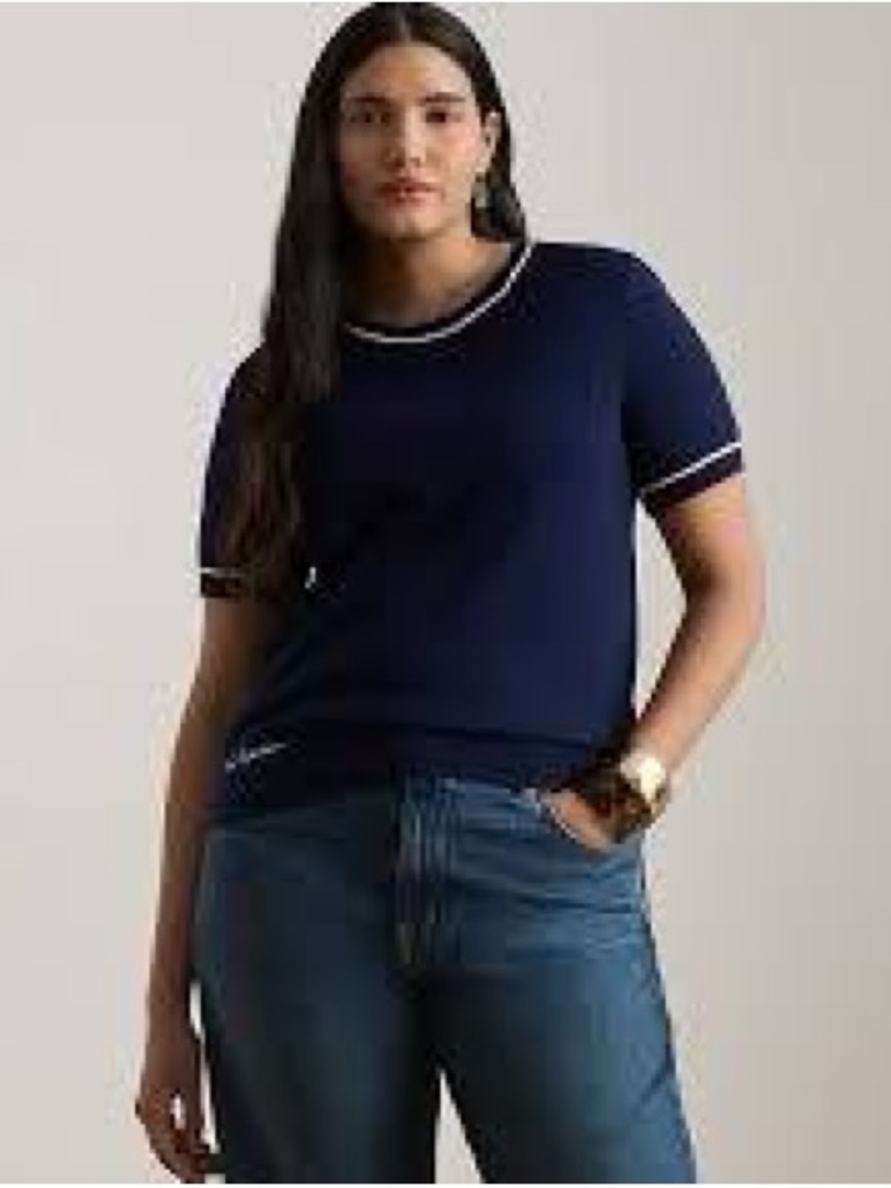 Ralph Lauren Navy Short-Sleeve Knit Top with White Contrast Trim